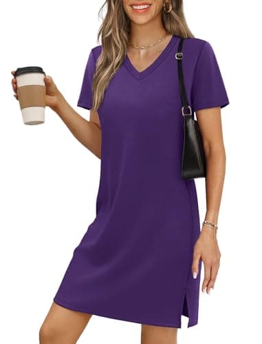 RUMIA Summer Casual Dresses for Women 2025 Vacation Dress V-Neck Short Sleeve Split Hem Beach Sundress Purple L - Image 1