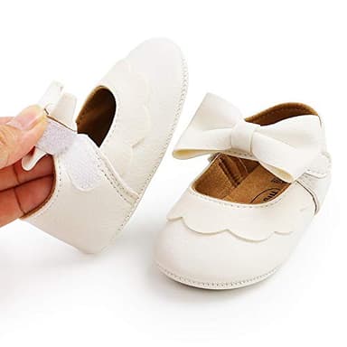 LAFEGEN Baby Girls Mary Jane Flats with Bownot Non Slip Soft Sole PU Leather Newborn Infant Toddler First Walker Cirb Dress Shoes, 6-12 Months Infant, 07 White - Image 4