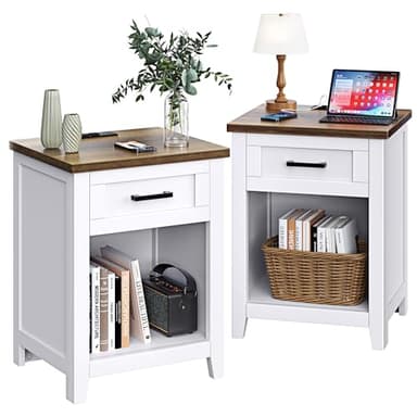 Decofy Farmhouse Nightstand with Charging Station & Large Storage, Set of 2 Modern End Tables with Outlets, USB Ports and Type-C Ports, Easy Assembly for Bedroom (Pure White + Walnut) - Image 1