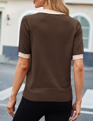 Kate Kasin Women Short Sleeve Polo Sweater Tops Lightweight Summer V Neck Color Block Knit Pullover Top Shirt Coffee L - Image 3