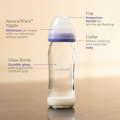 Lansinoh Anti-Colic Glass Baby Bottles, 8 Ounces, 4 Count Bottles for Feeding, Baby Essentials, Includes 4 Medium Flow Nipples, Size M - Image 6