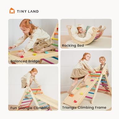 Tiny Land Pikler Triangle Set, 7-in-1 Foldable Pikler Triangle Climbing Toys Set for Kids,Baby Indoor Playground Jungle Gym, Wooden Montessori Climbing Set for Toddler (Rainbow) - Image 5