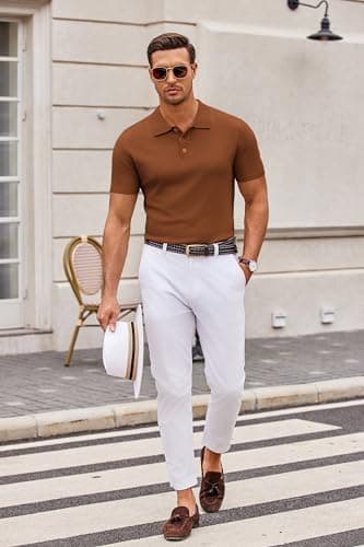 COOFANDY Mens Knit Polo Shirts Casual Short Sleeve Classic Polo Shirts Button Down Golf Shirts Caramel - Image 7