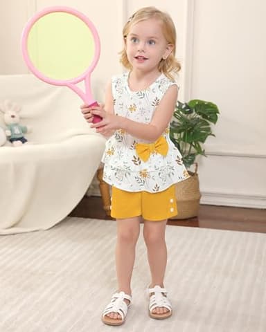 YUEMION Toddler Girl Clothes, 2Pcs Baby Girl Summer Outfits Sleeveless Bow Knot Tank Shirts Tops + Shorts Clothing Sets(Flowers+ Bright yellow, 4-5T) - Image 2