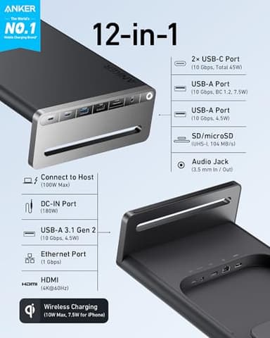 Anker 675 USB-C Docking Station (12-in-1, Monitor Stand, Wireless) with 10Gbps USB-C Ports, 4K@60Hz HDMI Display, Wireless Charging Pad, for Lenovo ThinkPad, MacBook Pro M1 / M2 - Image 2