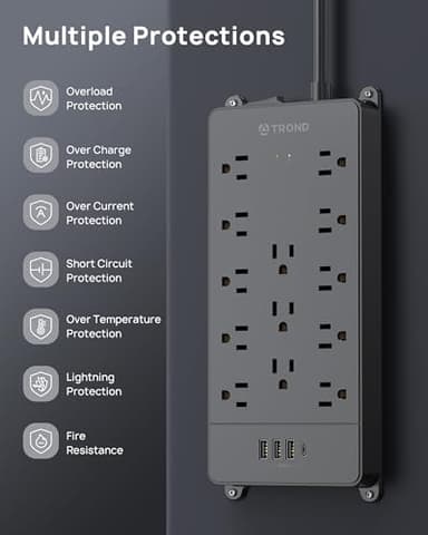 TROND Surge Protector Power Strip, 4000 Joules, ETL Listed, 13 Widely-Spaced Outlets Expansion with USB C Ports, Low-Profile Flat Plug, Wall Mountable, 5ft Extension Cord, 14AWG Heavy Duty, Black - Image 8