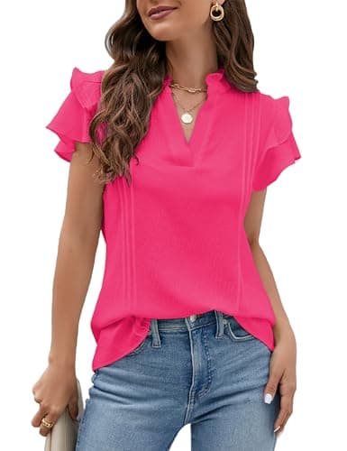 Blooming Jelly Womens Dressy Casual Tops Ruffle Short Sleeve V Neck Shirts Elegant Business Work Blouse(M, Hot Pink) - Image 1