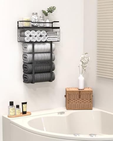Wall Mounted Towel Rack for Bathroom - Bath Storage Holder Set Above Toilet, Rolled Towel Shelf Organizer, Wood Vertical Rack for Small Bathroom Decor, Black - Image 3