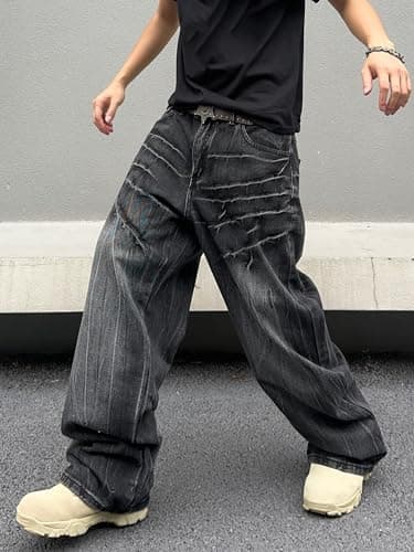 DFGIGT Mens Baggy Jeans Patchwork Y2k Hip Hop Wide Leg Denim Pants Casual Loose Fit Trousers Streetwear 2000s Jinco Oversized Extreme Motion Relaxed Skater Skateboard,A10 Black,Large - Image 3