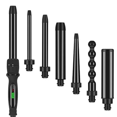 PARWIN PRO BEAUTY 7 in 1 Curling Iron Wand Set,Dual Voltage Curling Wand with 7 Interchangeable Diamond Ceramic Hair Curler Wands with LCD Temperature Control Auto Shut Off Black - Image 1