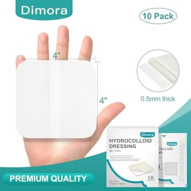 Dimora Hydrocolloid Dressing 4" x 4" for Wound Care, 10 Pcs Large Patch Bandages with Self-Adhesive for Bedsore, Burn, Blister, Acne Care, Super Absorbent for Fast Healing - Image 6