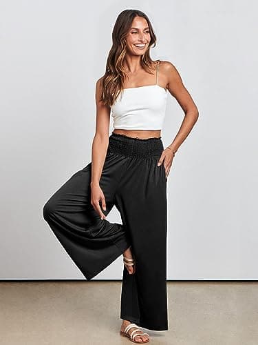 ANRABESS Women Palazzo Pants Summer Boho Bagyy Wide Leg High Smocked Waist Casual Loose Lounge Pant with Pocket Black X-Large - Image 8