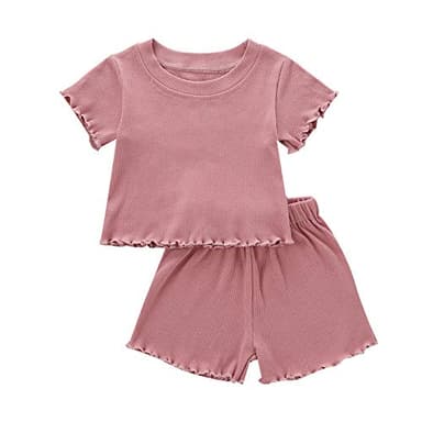 Kupretty 2Pcs Toddlers Baby Girls Summer Clothes Set Ruffle Ribbed Short Sleeves T-Shirt Tops Shorts Comfy Outfits (Pink, 12-18 Months) - Image 1