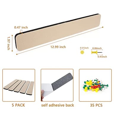 5 Pack Felt Pin Board Bar Strips Bulletin Board for Bedrooms Offices Home Wall Decoration, Notice Board Self Adhesive Cork Board with 35 Push Pins for Paste Notes, Photos, Schedules (Camel) - Image 2