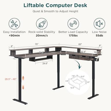 RedLemon 75X60 Inches L Shaped Electric Standing Desk,Height Adjustable Corner Gaming Desk with Drawers, Keyboard Tray, Power Outlets & LED Lights, Computer Desk with Monitor Shelf, Dark Rustic Oak - Image 2