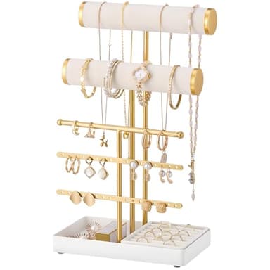 Lolalet Bracelet Display Stand Necklaces Holder, 5 Tiers Jewelry Organizer and Storage Rack with Velvet Slot and Metal Base, for Women Bangles Watches Ring Earrings -White - Image 1