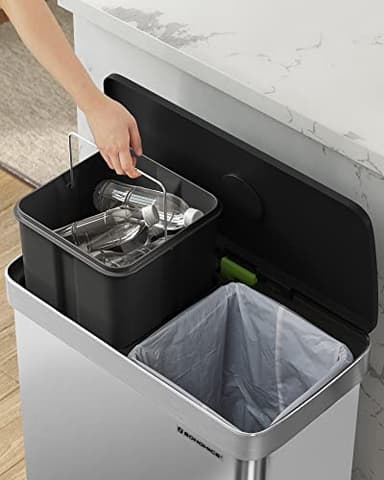 SONGMICS Kitchen Trash Can, 16 Gallon (2 x 8 Gallon) Dual Compartment Garbage Can, 60L Pedal Recycling Bin, Stays Open and Soft Close, Stainless Steel, 15 Bags Included, Metallic Silver ULTB202E01 - Image 6