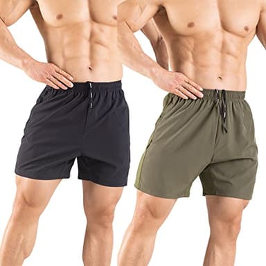 Gaglg Men's 5" Running Shorts 2 Pack Quick Dry Athletic Workout Gym Shorts with Zipper Pockets Black/Green,Large - Image 2