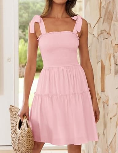 ZESICA Women's 2025 Summer Spaghetti Strap Sleeveless Square Neck Ruffle A Line Swing Mini Dress,Pink,Large - Image 3