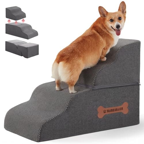Dog Stairs 4 Steps for Small Dogs and Cats to Get on High Beds, Couch or Car, Pets Can Climb, Sit, Lie Down or Perch to Look Out Windows on The Spliceable Ramp, Provides Support, Grey(19" H) - Image 1
