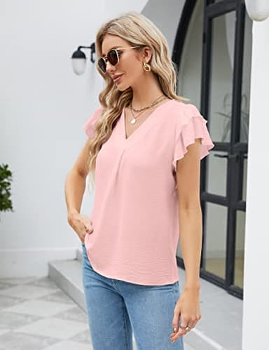 Blooming Jelly Womens Dressy Casual Shirts Short Sleeve V Neck Work Blouse Business Casual Summer Tops 2025(X-Large, Light Pink) - Image 4