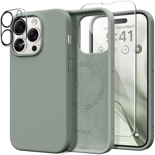 GONEZ for iPhone 14 Pro Case, Compatible with Magsafe, with Screen Protector + Camera Lens Protector, Soft Anti-Scratch Microfiber Lining, Shockproof Liquid Silicone Phone Cover, Calke Green - Image 1