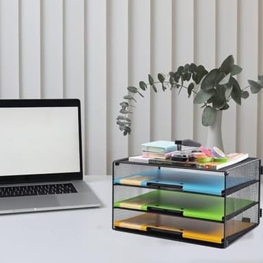 COSYAWN 3 Tier Mesh Desk Paper Tray Organizer, File Organization for Letter Document, Desktop Mail Storage Holder for Office Home School, Black, 2 Pack - Image 5