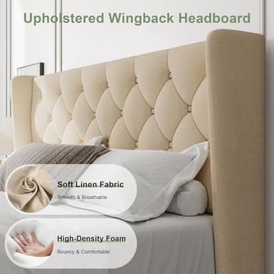 Feonase Queen Size Bed Frame with Diamond Tufted Wingback Headboard, Morden Upholstered Platform Bed, Sturdy Wooden Slats Support, Noise-Free, No Box Spring Needed, Easy Assembly, Beige - Image 3