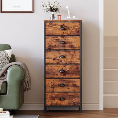 Furnulem Tall Dresser with 6 Drawers,Vertical End Table and Nightstand for Bedroom,Industrial Dorm Bedside Furniture with Fabric Storage Drawer Organizer in Living Room,Closet,Entryway(Rustic Brown) - Image 2