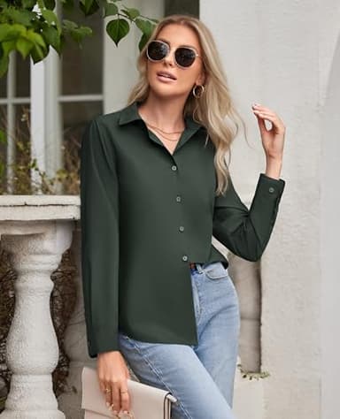 siliteelon Button Down Shirt for Women Wrinkle Free Tops for Ladies Long Sleeve Work Blouses Buisiness Casual Fall Outfits Dark Green - Image 5