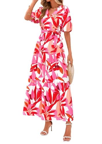 PRETTYGARDEN Women's Summer Maxi Dress 2025 Resort Wear Boho Floral V Neck Puff Short Sleeve Ruffle Flowy Beach Long Dresses(Floral White Rose Red,X-Large) - Image 1