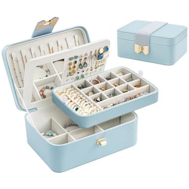 Lolalet 2 Layer Jewelry Box for Teen Girls & Young Women, Jewelry Organizer Case with Bow Clasp and Mirror for Earrings Rings Necklaces Storage, Gift Idea -Blue - Image 1