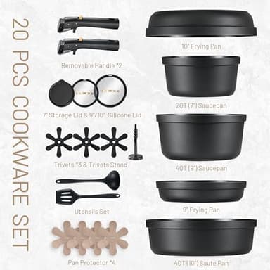 CAROTE 20pcs Pots and Pans Set Non Stick, Nonstick Cookware Set, Dishwasher/Oven/Fridge Safe Pots and Pans, Removable Handle RV Oven Safe Cookware, Induction Kitchen Set, Black - Image 2