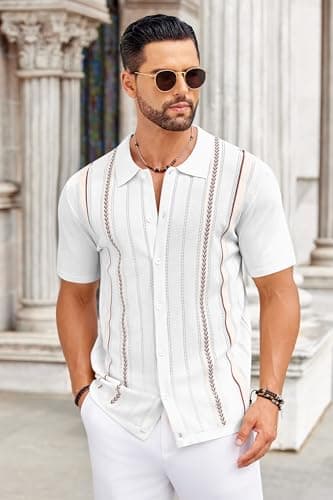 COOFANDY Mens Knit Button Down Shirt Casual Short Sleeve Button Up Shirts Polo Golf Beachwear Textured Shirts Spring Summer Cuban Clothes Off White Large - Image 2