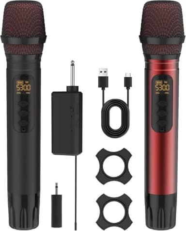ROUWU Wireless Microphones, UHF Metal Dual Handheld Cordless Dynamic Karaoke Microphone Wireless, 1/4 "Output for Rechargeable Wireless Microphone, Wedding, Party,DJ, Church, Speech,Class Use, 240ft - Image 1