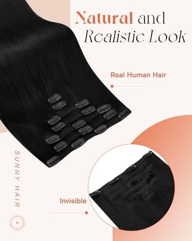 Sunny Hair Clip in Hair Extensions Straight Human Hair Clip in Extensions Remy Clip in Hair Extensions Real Human Hair Extensions Clip ins Jet Black for Women 22inch - Image 2