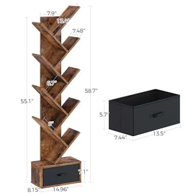 Rolanstar Tree Bookshelf with Drawer, 9 Shelf Bookshelf, Wooden Bookcase Storage Rack for CDs/Movies/Books, Corner Bookshelves, Utility Organizer Shelves for Living Room, Bedroom, Rustic Brown - Image 3