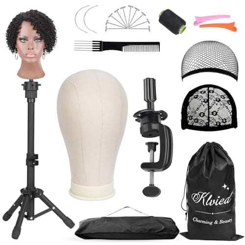 Klvied Wig Mannequin Stand for Desktop, Dual-use 22 Inch Canvas Wig Head Display, Adjustable Clamp Wig Holder, Manikin Head Stand Set for Cosmetology Hairdressing Training with Carrying Case - Image 1