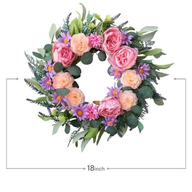 TEMPUS 18-inch Artificial Peony Wreath - Pink Spring Floral Wreath for Front Door, Wall, Wedding, Party & Farmhouse Decor - Image 3