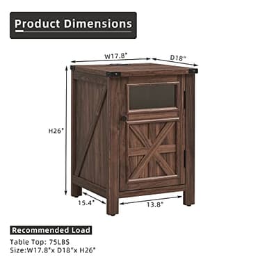 JXQTLINGMU Farmhouse End Table with Charging Station, 18'' Rustic Nightstand with Barn Door & Adjustable Shelf, Wooden Sofa Side Table with 3-Tier Storage for Living Room, Bedroom, Brown - Image 2
