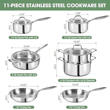 3 Ply Stainless Steel 11-Piece Cookware Set with Lids, Pots and Pans Kitchen Set, Non-Toxic, Induction, Oven, Dishwasher Safe, Professional Chef Quality - Image 3