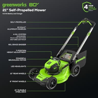 Greenworks 80V 21" Brushless Cordless (Self-Propelled) Lawn Mower (LED Headlight + Aluminum Handles), (2) 4.0Ah Batteries and Rapid Charger Included (75+ Compatible Tools) - Image 2