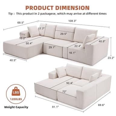 108” Modular Sectional Sofa, Cloud Sectional Couch with Deep Seat, Modern Modular L-Shape Sofa Couch with Chaise,Upholstered Couches for Living Room Bedroom (Beige, Left Facing Chaise) - Image 5