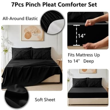 CozyLux Queen Comforter Set Black, 7 Pieces Pintuck Bed in A Bag, Premium Black Comforter Queen Size, Pinch Pleat Bedding Sets with Comforter, Sheets, Pillowcases & Shams - Image 5