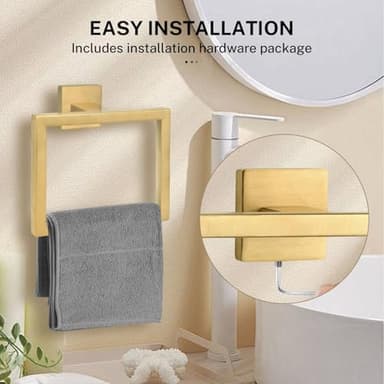 2-Piece Brushed Gold Towel Ring,Square Hand Towel Holder,Stainless Steel Modern Towel Holder Wall-Mounted Bathroom Towel Ring Towel Rack - Image 4