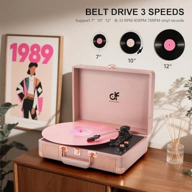 Vinyl Record Player 3-Speed Portable Suitcase Record Player with Built-in Speakers, Headphone Jack, RCA-Out/AUX-in, Vintage Belt-Driven Turntable, Pink & Rose Gold - Image 4