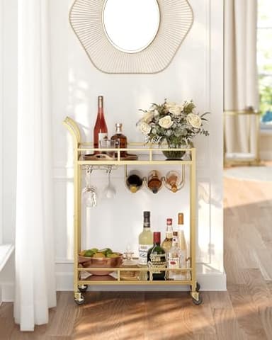 VASAGLE Bar Cart Gold, Home Bar Serving Cart, Wine Cart with 2 Mirrored Shelves, Wine Holders, Glass Holders, for Kitchen, Dining Room, Gold ULRC092A62 - Image 4