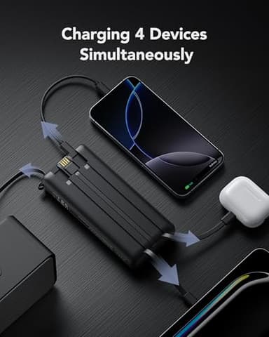 VRURC Portable Charger 20000mAh, Built-in Cable Fast Charging Power Bank, PD QC 3.0 Travel Essentials Battery Pack, 4 Output & 2 Input Phone Charger for iPhone,Samsung, Android-Black - Image 3