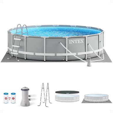 Intex 26723EH Prism Frame Premium Above Ground Swimming Pool Set: 15ft x 42in – Includes 1000 GPH Cartridge Filter Pump – Removable Ladder – Pool Cover – Ground Cloth - Image 1