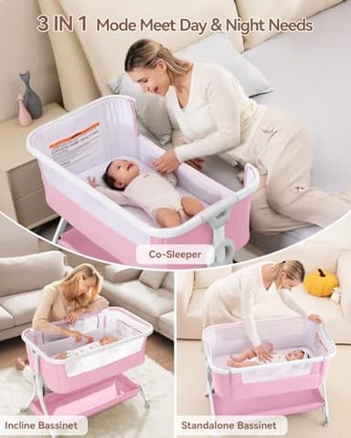 Larex Baby Bassinet, Baby Bassinet Bedside Sleeper with Storage Basket and Wheels, Height Adjustable Portable Crib for Newborn Infant, Easy Assemble and Folding(Pink) - Image 4